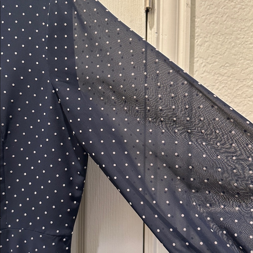 MASSIMO DUTTI Navy Blue Flocked Polka Dot Long Sleeve Fit & Flare Dress Women 10 - Picture 8 of 16